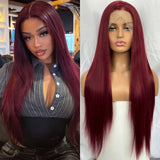 Yeknu  Long Dark Red Silky Straight 13x4 Lace Front Wigs for Women Free Part Burgundy 99J Natural Synthetic Hair Daily Party Cosplay