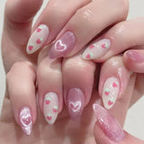 Yeknu  24Pcs Almond Press-On Nails in Pink Cat Eye with Heart & Strawberry Designs – Glossy Acrylic Stick-On Nails for Women & Girls