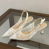 Yeknu  New Design Embroidery Breathable Mesh Pointed Toe Women Pumps Elegant Slingbacks Thin Heels Buckle Strap Shoes