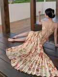 Yeknu  Oversized Pleated Hem Halter Dress Bohemian Floral Print Beach Seaside Holiday Dresses Summer Sleeveless Suspender Long Dress