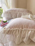 Yeknu  Korean Style Soft Cotton 3D Rose Lace Bedding Set, King Queen Luxury Princess Duvet Cover Bed Skirt Bedspread,High end Home 4pcs