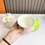 Yeknu  Gold Edged Green Leaf Handle Mugs, Ceramic High Temperature Resistant Solid Color Drinking Cup, Breakfast Coffee Milk Tea, 320ML
