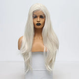 Yeknu  Long Platinum Blonde Natural Wavy Synthetic Hair Free Part Layered White Blonde Curly Heat Resistant Fiber Wigs for Women Daily