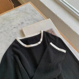 Yeknu  100% Cotton Women O-neck Color Blocking Long Sleeved Shirt Spring and Autumn Loose Fashionable Knitted Long Sleeves High Quality