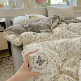 Yeknu  Floral Printed A-Class Ultra-Soft 100% Knitted Double Layer Yarn Bedding Set - 3/4 Pcs Student Dorm Fitted Sheet