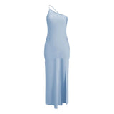 Yeknu  New Summer Fashion Backless Vacation Party Vestidos Satin Sexy Slim Slant Shoulder Solid Color Slit Casual Long Dress Vestidos