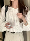 Yeknu  Spring Pullover Long Sleeve Tops Women Loose Pleated Fashion Ladies Cropped Blouses Ruffled Lace Mesh Hollow Woman Tops