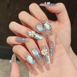 Yeknu  10pcs French Cat Eye Press on Nails Handmade 3D Flower Pearl Rhinestone False Nails Ice Nude Nail Art Long Almond Elegant Nails