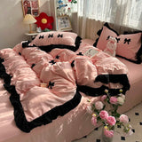 Yeknu  Ins Pink Bow Bedding Set Ruffles Duvet Cover Set Flat Sheet Set Women Girls Princess Bed Linen Set Single Twin Queen Bedclothes