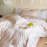 Yeknu Vintage Jacquard Lace Ruffles Wedding Bedding Set Lyocell Cotton Soft Silky Duvet Cover Set Bed Sheet Fitted Sheet Pillowcases