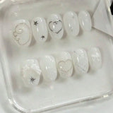 Yeknu  10pcs pure hand pressed oval nail art, fake nail art, minimalist white wing nail art, suitable for women's use