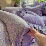 Yeknu  4-pcs Set with Linen Touch, Pure Polyester Material Ruffled Romantic Bow Design Girl Woman Bedroom Bedding Set Colored Flowers