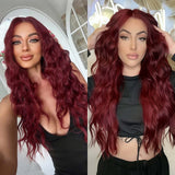 Yeknu  Burgundy Long Curly Wavy Red Wig Synthetic Middle Part Loose Deep Natural Wave 13X4 Wine Red Wigs for Women Daily Party Cosplay