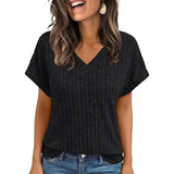 Yeknu  Women's Clothing Europe America All-match Knit T-shirt Summer New Casual Loose V-neck Short Sleeve Pullover Lady Solid Tops