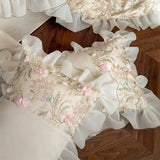 Yeknu  1000TC Egyptian Cotton Bedding Set Duvet Cover Flat Bed Sheet Pillowcases, Floral Embroidery Ruffles Luxury Bed Linens