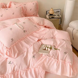 Yeknu  French Hepburn style 4-piece bed set, Korean princess lace washed cotton embroidery duvet set, bedsheet and bedsheet 3-piece set
