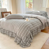 Yeknu  Premium 100% Cotton Bedding 4Pcs Set, Elegant Ins French Plaid Cotton Bed Skirt Bed Sheet Quilt Cover, Ruffle Edge Duvet Covers