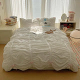Yeknu  Solid Color Pleated Textured Soft Breathable Chic Princess 4pcs Bedding Set, Delicate Bows Twin Duvet cover Bed sheet Pillowcase