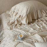 Yeknu  Romantic French Double Layer Lace Ruffles Bedding Set 20% Ramie, 80% Cotton Duvet Cover Set Quilted Bedspread Pillowcases 4Pcs