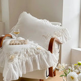 Yeknu 2Pcs Pink White Rose Embroidery Lace Ruffles Pillowcases Cotton Pillow Cover Sweet Princess Decor Bedroom Decorative Pillowslip