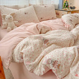 Yeknu  Floral Printed A-Class Ultra-Soft 100% Knitted Double Layer Yarn Bedding Set - 3/4 Pcs Student Dorm Fitted Sheet