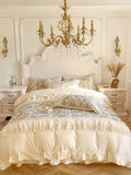 Yeknu  Romantic French Country Style Bedding Set - 100% Cotton Floral Print, Lace Embroidered Duvet Cover with Detachable Skirt