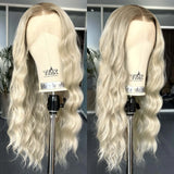 Yeknu  Ombre Ash Blonde Wig Long Natural Wavy Synthetic Hair Loose Curly Middle Part 13X4 Highlight Colored Wigs for Women Daily Party