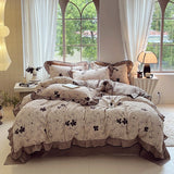 Yeknu  4-pcs Set with Linen Touch, Pure Polyester Material Ruffled Romantic Bow Design Girl Woman Bedroom Bedding Set Colored Flowers