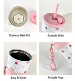 Yeknu  710ml Fashion Flower Stainless Steel 316 Vacuum Flask With Straw Leak-Proof Coffee Tea Cold Drink Car Thermos Mug Travel Tumbler