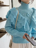 Yeknu  Knitted Autumn Pullover Sweater Women Turtleneck Ruffle Pleated Ladies Sweaters Top Long Sleeve Modis Korea Style Woman Top