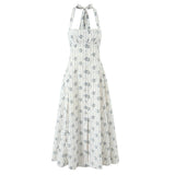 Yeknu  Summer New Women's Dress Bohemian Print Halter Neck Button Midi Dresses Casual Holiday Hollow Back Beach Dress