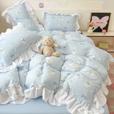 Yeknu  New Yunsoft Cotton Korean INS Age Reduction Lace Cartoon Four-Piece Set Quilt Cover Set Girls Bedding Set