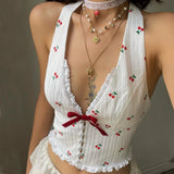 Yeknu  Sleeveless Printed Halterneck V-neck Crop Top Backless Cherry Print Bow Slim Fit Crop Top