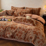 Yeknu  Thickened imitation rabbit hair carved milk fleece four-piece set winter coffee color warm fleece quilt set