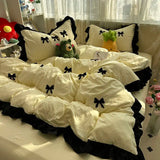 Yeknu  Ins Pink Bow Bedding Set Ruffles Duvet Cover Set Flat Sheet Set Women Girls Princess Bed Linen Set Single Twin Queen Bedclothes