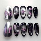 Yeknu  24Pcs Black Silver Cat Eye Press On Nails Almond False Nails with Pink Star & Letter Print Gothic Full Cover Acrylic Fake Nails