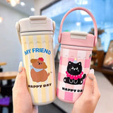 Yeknu  380ml/550ml Cartoon Double Stainless Steel Thermal Flask With Straw Portable Cute Kids Student Thermal Bottle Travel Tumbler