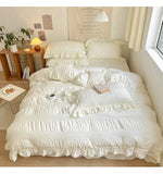 Yeknu Ins Style Korean Bedding Set Lace Seersucker 4-piece Bed Sheet Set Quilt Cover Solid Duvet Cover For Girl Spring Decor Home