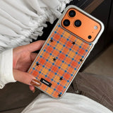 Yeknu  Autumn-Winter Retro Grid Orange Blue Plaid Stars Sliver Edge Cover Case for iPhone 14 15 16 17 Pro Max 13 Protective Phone Case