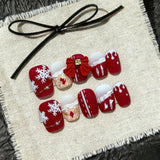 Yeknu  10pcs Christmas New Year Coffin Press on Nails Handmade White Snowflake Nail Red 3D Bowknot False Nails Pearl French Fake Nails