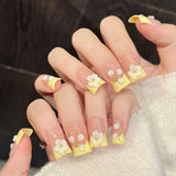 Yeknu  10Pcs Duckbilled Yellow French Artificial Nails 3D White Flower Design Handmade Press on Nails Summer Wearable False Nail Tips