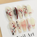 Yeknu  10PCS handmade coffin shaped nail art, beautiful fake nails, Chinese style wintersweet art nail art, suitable for women to use