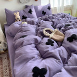 Yeknu  Towel Embroidered Bow Washed Cotton Bedding Set, Fresh Style 3/4 Piece Dorm Bed Sheet & Duvet Cover Set