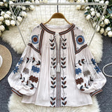 Yeknu  Bohemian Heavy Embroidery Shirt Round Neck Tie Lantern Sleeve Top Female Spring And Autumn New Loose Casual Beach Top Blusas