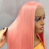 Yeknu  Peach Pink Long Silky Straight 13X4 Lace Front Wigs for Women Pre Plucked Natural Hairline Light Pink Colored Party Cosplay Use