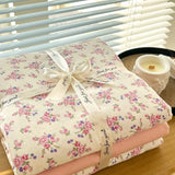 Yeknu Ins floral print Bedding set knitted cotton Flat sheet set Four pieces duvet cover double layer-yarn 4Pcs lovely Fitted sheet