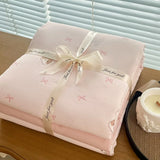 Yeknu Ins floral print Bedding set knitted cotton Flat sheet set Four pieces duvet cover double layer-yarn 4Pcs Cute Fitted sheet