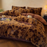 Yeknu  Thickened imitation rabbit hair carved milk fleece four-piece set winter coffee color warm fleece quilt set