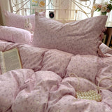 Yeknu  Small flower bow four piece set, soft and skin friendly cotton linen double bed duvet set, dormitory three piece set