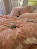 Yeknu  Pink Ruffled Seersucker Duvet Cover Set 3/4pcs Soft Lightweight Down Alternative Grey Bedding  with Bed Skirt and Pillowcases